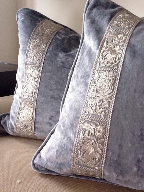 Ice Blue Velvet Pillows With Silver Gilt Trim - image 1