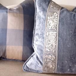 Ice Blue Velvet Pillows With Silver Gilt Trim - thumbnail 4