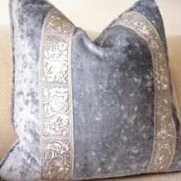Ice Blue Velvet Pillows With Silver Gilt Trim - thumbnail 3