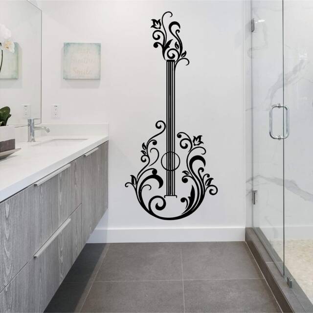 Floral Guitar Vinyl Wall Art, Decal, Sticker, Transfer, Mural, Removable, Decoration, Rent Friendly, Interior, Exterior, - 0758 - image 1