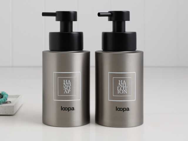 Brushed Stainless Soap Dispenser & Lotion Bottle Set With White Square Labels - Refillable Steel Pump Duo Eco Home Decor - image 1