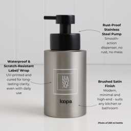 Brushed Stainless Soap Dispenser & Lotion Bottle Set With White Square Labels - Refillable Steel Pump Duo Eco Home Decor - thumbnail 2