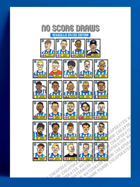 Brighton Vol 3 - No Score Draw Seagulls 24/25 Edition A3 Print Of 29 Hand-Drawn Panini-style Wonky Doodles Hurzeler's Bhafc Team - image 1