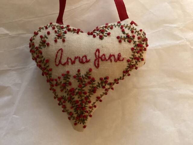 Custom Hand Embroidered Pillow, Personalized Ornament, Heart Shaped, Primitive Style, Hanging Pillow - image 1