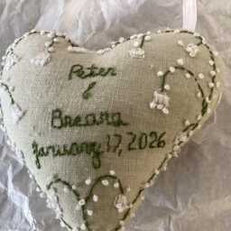 Custom Hand Embroidered Pillow, Personalized Ornament, Heart Shaped, Primitive Style, Hanging Pillow - thumbnail 2