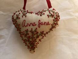 Custom Hand Embroidered Pillow, Personalized Ornament, Heart Shaped, Primitive Style, Hanging Pillow - thumbnail 1