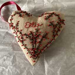 Custom Hand Embroidered Pillow, Personalized Ornament, Heart Shaped, Primitive Style, Hanging Pillow - thumbnail 4