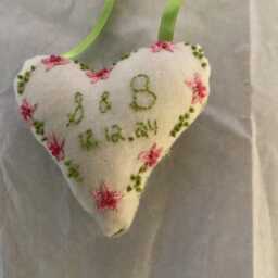 Custom Hand Embroidered Pillow, Personalized Ornament, Heart Shaped, Primitive Style, Hanging Pillow - thumbnail 3