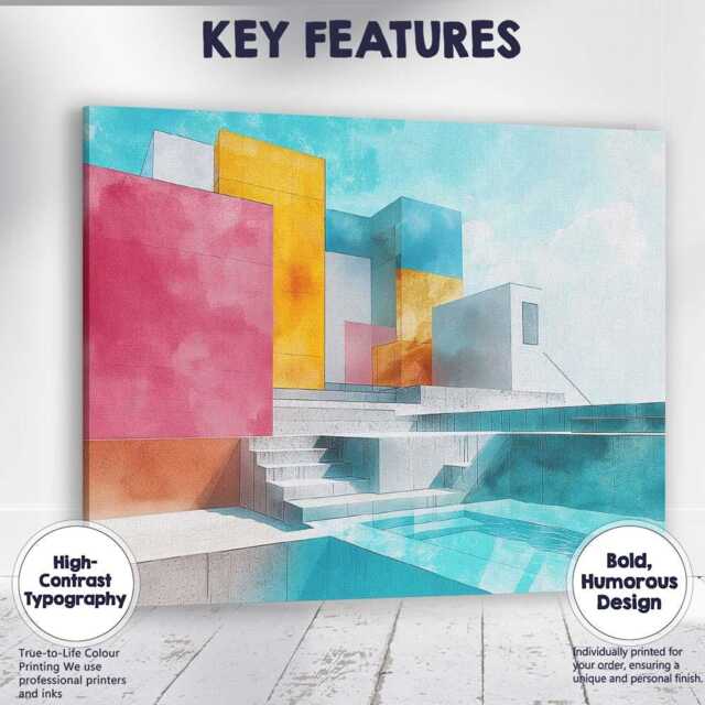 Modern Geometric Luxury House Swimming Pool Architectural Illustration Canvas Wall Art Print Decor Picture Ready To Hang - image 1