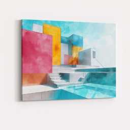 Modern Geometric Luxury House Swimming Pool Architectural Illustration Canvas Wall Art Print Decor Picture Ready To Hang - thumbnail 4