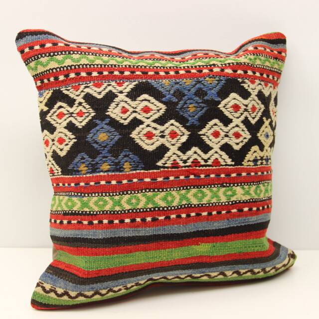 Handmade Turkish Kilim Pillow Cover, 16x16 Boho Cushion - image 1