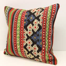 Handmade Turkish Kilim Pillow Cover, 16x16 Boho Cushion - thumbnail 3