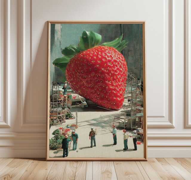 Surreal Strawberry Art Print, Modern Collage Wall With Tiny People, Whimsical Food Poster, Imaginative Pop Home Decor - image 1