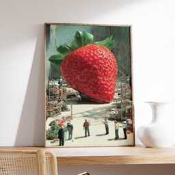 Surreal Strawberry Art Print, Modern Collage Wall With Tiny People, Whimsical Food Poster, Imaginative Pop Home Decor - thumbnail 2