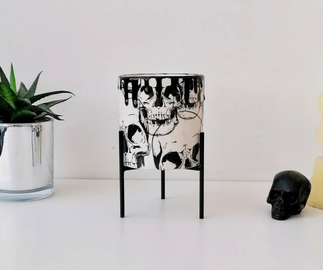 Skull Indoor Planter, Skulls Plant Stand, Ceramic Flower, Gothic Succulent Plants, Goth Cactus Stands, Weird Wonderful Ceramics, Black Gift - image 1