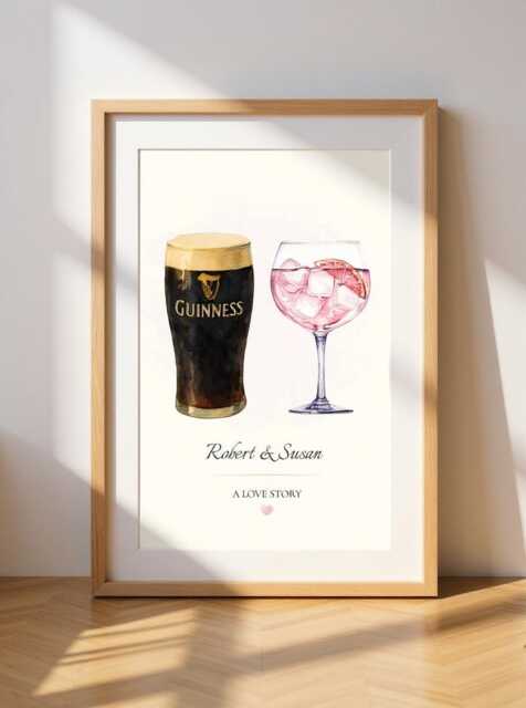 Personalised Watercolour Drinks Print - Custom Couples Alcohol Gift His & Hers Drink Art Wedding, Anniversary -Drinks Greeting Card - image 1