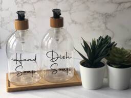Personalised Clear Bell Soap Dispenser Bottle With Black Bamboo Pump 500Ml - thumbnail 1