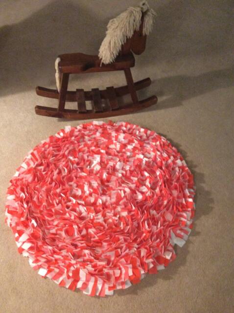 Baby Rag Rug, Two Shades Of Coral, White Cotton & Sateen, Boho Chic Area Shag Rugs, Shabby Newborn Photo Rug - image 1