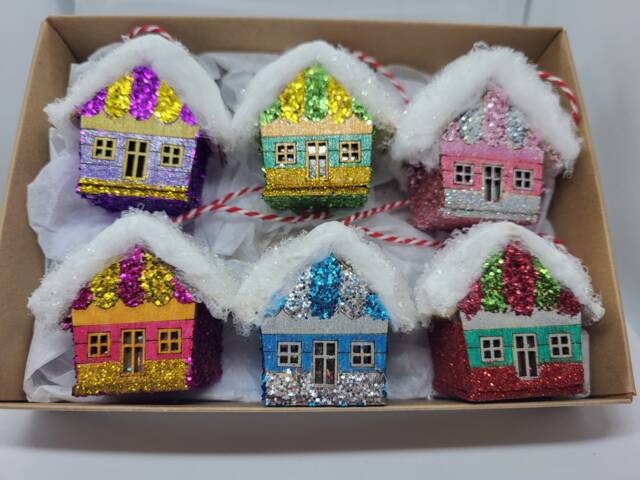 Glitter Christmas House Ornaments Handmade Wooden Village Decorations - Set Of 6 - image 1