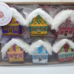 Glitter Christmas House Ornaments Handmade Wooden Village Decorations - Set Of 6 - thumbnail 2