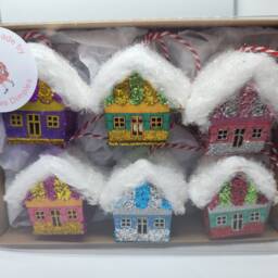 Glitter Christmas House Ornaments Handmade Wooden Village Decorations - Set Of 6 - thumbnail 3
