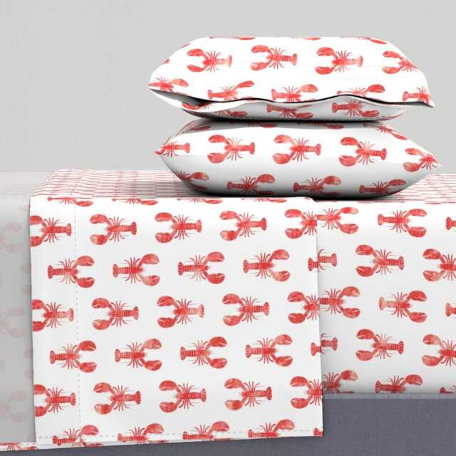Lobster Sheets - Red Fabric By Littlearrowdesign Modern Nautical & White Cotton Sateen Sheet Set Bedding Spoonflower - image 1