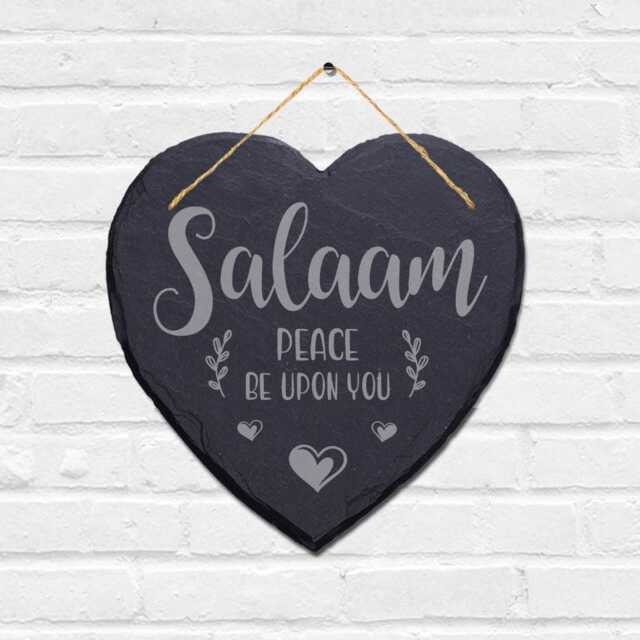 Salaam Peace Be Upon You Engraved Wall Hanging Islamic Heart Home Slate Plaque Sign - image 1