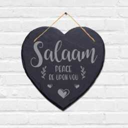 Salaam Peace Be Upon You Engraved Wall Hanging Islamic Heart Home Slate Plaque Sign - thumbnail 1
