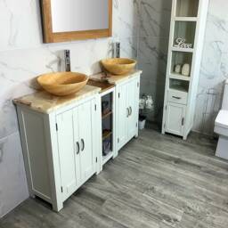 Bathroom Vanity Unit - Sink Washstand Slimline White Painted With Golden Onyx Worktop & Sit On Basins Taps Plugs Included