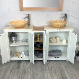Bathroom Vanity Unit - Sink Washstand Slimline White Painted With Golden Onyx Worktop & Sit On Basins Taps Plugs Included - thumbnail 2