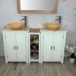 Bathroom Vanity Unit - Sink Washstand Slimline White Painted With Golden Onyx Worktop & Sit On Basins Taps Plugs Included - thumbnail 3