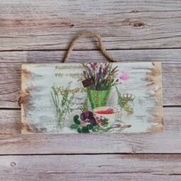 Lavender & Teacup Wooden Wall Plaque Shabby Chic Kitchen Decor - thumbnail 1