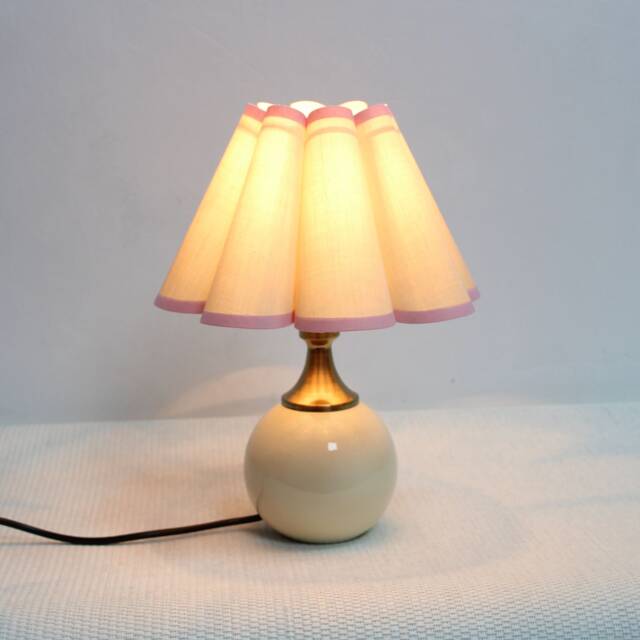 Handmade Scallop Fabric Table Lamp Khaki Shade, Pink Trim, Ceramic Base - image 1