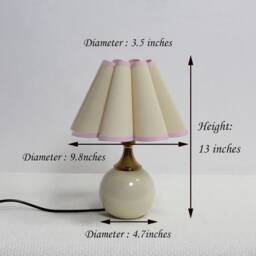 Handmade Scallop Fabric Table Lamp Khaki Shade, Pink Trim, Ceramic Base - thumbnail 2