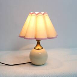 Handmade Scallop Fabric Table Lamp Khaki Shade, Pink Trim, Ceramic Base - thumbnail 1