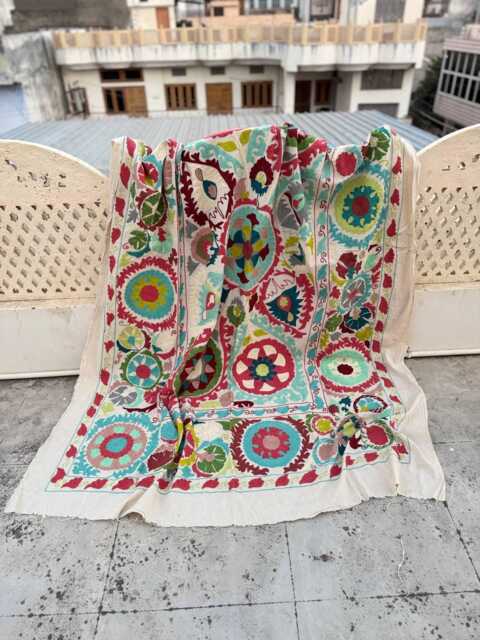 Colorful Cotton Suzani Quilt - Handcrafted Boho Embroidery, Artisan Textile, Reversible Throw - image 1