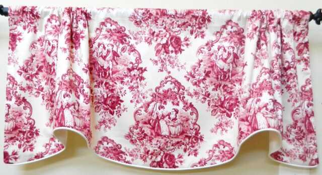 Covington Boy & Girl Red Toile French Country Window Valance/ Lined Corded Rod Pocket Scalloped Valance - image 1
