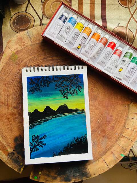 Sunset Lake Acrylic Painting, Original Nature Art, Small Wall Decor - image 1
