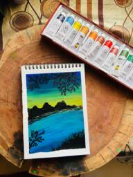 Sunset Lake Acrylic Painting, Original Nature Art, Small Wall Decor - thumbnail 1