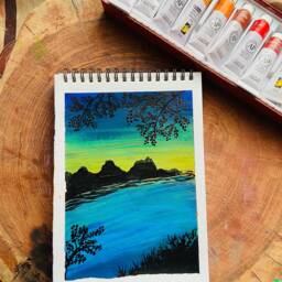 Sunset Lake Acrylic Painting, Original Nature Art, Small Wall Decor - thumbnail 3