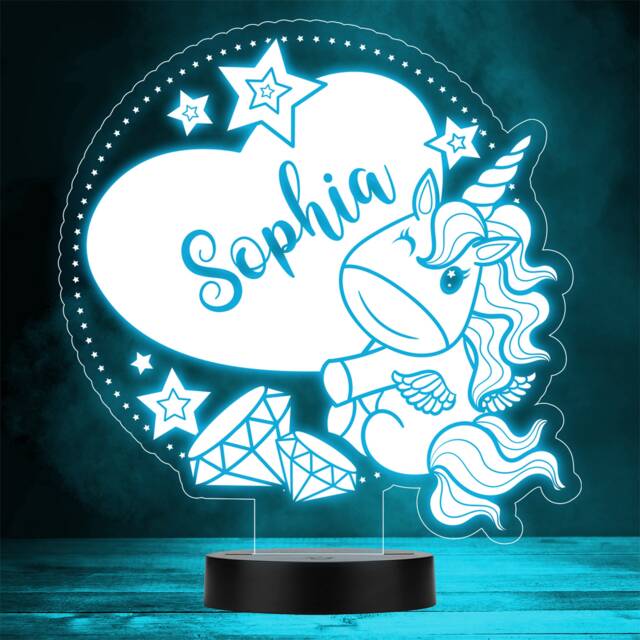 Kids Unicorn Holding Big Heart Stars Diamonds Gift Colour Change Night Light - image 1
