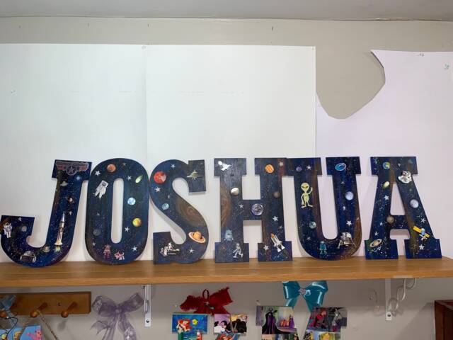 Multiple Personalized Science Inspired Wooden Letters For Wall Decor - 13 Inches Tall Outer Space - image 1