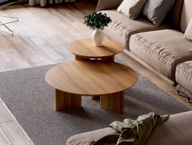 Set Of Round Coffee Table - Unique Coffee Table Set Nesting Solid Oak Scandi - image 1