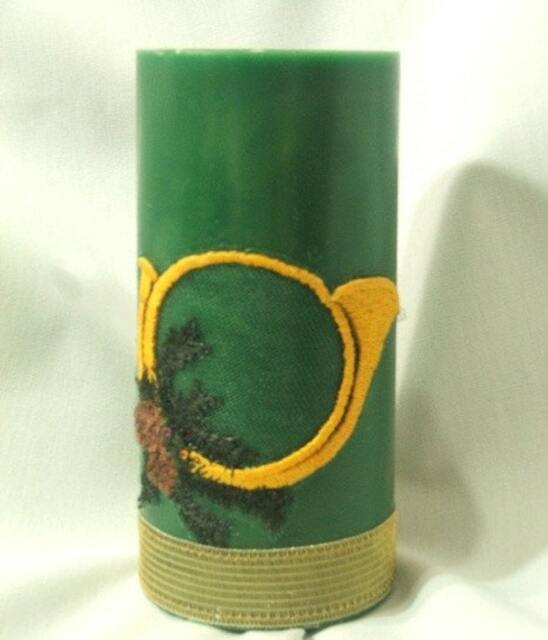 Candle, With Applied Embroidered Horn & Pine, Green Or White Made To Order - image 1