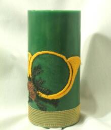 Candle, With Applied Embroidered Horn & Pine, Green Or White Made To Order