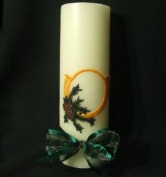 Candle, With Applied Embroidered Horn & Pine, Green Or White Made To Order - thumbnail 2