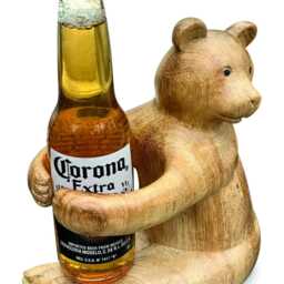 Carved Teddy Bear Bottle Holder, Wooden Wine Holder - Max 7.5cm Bottle - thumbnail 2