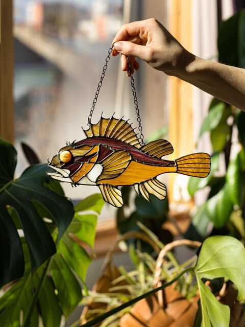 Brown Sea Bass Suncatcher Stained Glass Window Wall Hangings Fish, Decor Home House Father's Gift House, Creepy Sun Catcher - image 1