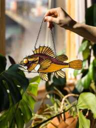 Brown Sea Bass Suncatcher Stained Glass Window Wall Hangings Fish, Decor Home House Father's Gift House, Creepy Sun Catcher - thumbnail 1
