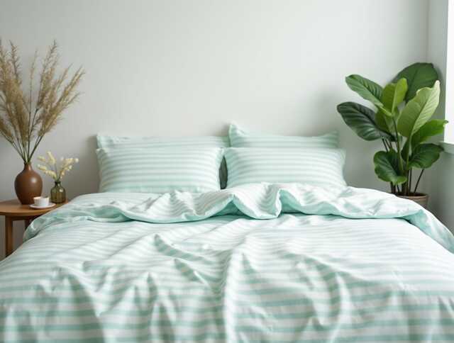 Mint Stripe Cotton Bedding Set 1 Duvet Cover & 2 Pillowcases Soft Checkered Cozy Bedroom Decor - image 1